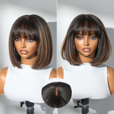 Put On and Go Brown Highlight Yaki Bob with Bangs Glueless Minimalist Lace Wig Breathable Cap