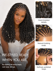 Natural Black Boho Cornrow Braids 13x4 Frontal Lace Deep Curly Long Wig Pre-cut Lace