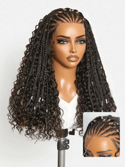 Natural Black Boho Cornrow Braids 13x4 Frontal Lace Deep Curly Long Wig Pre-cut Lace