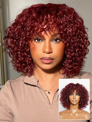 Beginner Friendly Dark Red Water Wave Glueless Minimalist Lace Curly Wig with Bangs