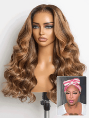 Sun-Kissed Warm Tone Brown with Blonde Highlights 180% Density Loose Wave Glueless 5x5 Closure Lace Wig Pre-Cut Lace