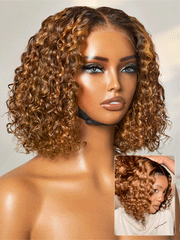 Warm Caramel Brown / Natural Black Deep Curly Glueless 5x5 Closure Pre-Cut Lace Wig