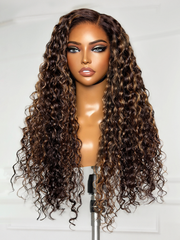 All-Day Comfort™ Wig PartingMax Brown Highlights Funmi Curly 7x6 Closure HD Lace Glueless Wig Pre Cut Lace