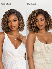 Ready to Go Blonde Highlight / Natural Black / Ombre Brown Water Wave Short Curly Bob Wig Glueless Minimalist HD Lace Wig Pre-Cut Lace