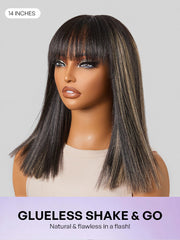 Put On and Go Blonde Highlight Yaki Straight Blunt Cut Bob Glueless Minimalist Lace Short Wig with Bangs