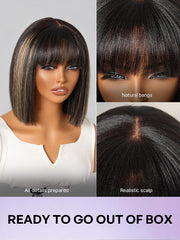 Put On and Go Blonde Highlight Yaki Straight Blunt Cut Bob Glueless Minimalist Lace Short Wig with Bangs