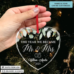 The Year We Became Mr & Mrs - Heart Glass Ornament - Christmas Gift For Couples, Newlywed, Wife, Husband