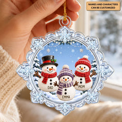Christmas With Snowman Family - Personalized Custom Shape Mica Ornament - Christmas Gift For Family