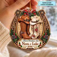 Western Love Christmas Horseshoe - Personalized Custom Shape Mica Ornament - Christmas Gift For Couple
