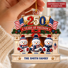 Freedom Snowman Family - Personalized Custom Shape Mica Ornament - Christmas Gift For Couple