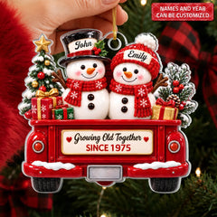 Christmas Snowman Couple - Personalized Custom Shape Mica Ornament - Christmas Gift For Family