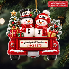 Christmas Snowman Couple - Personalized Custom Shape Mica Ornament - Christmas Gift For Family
