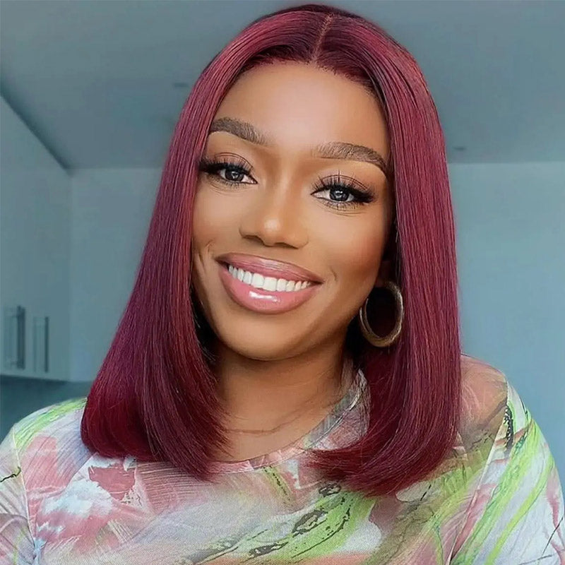 99j Burgundy Lace Front Wigs 13x6 HD Transparent Lace Front Wigs Pre Plucked Straight Bob Wig Natural Hairline