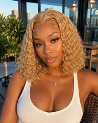 100% Human Hair Honey Blonde Water Wave Bob Wig 13x4 | Glueless, Natural Look