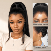 Pre-Styled Widows Peak Ponytail Wig Invisi Strap 360 Lace Wig Glueless Human Hair Yaki Straight Wigs