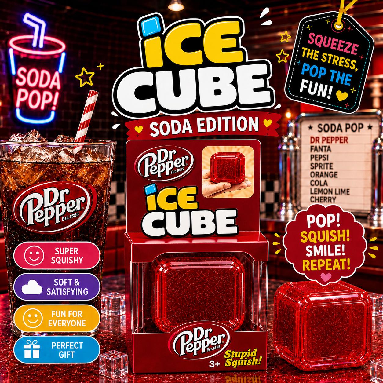 NeeDoh Nice Cube Dr Pepper Soda Edition Squishy Ice Cube Fidget Stress Relief Toy Gift Ages 3+