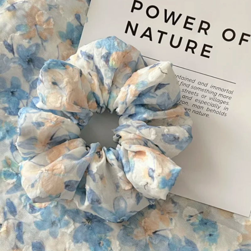 Blue Floral Crinkled Fabric Scrunchie