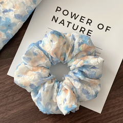 Blue Floral Crinkled Fabric Scrunchie