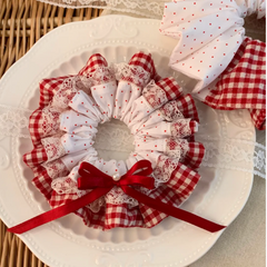 Red Gingham Lace Bow Scrunchie