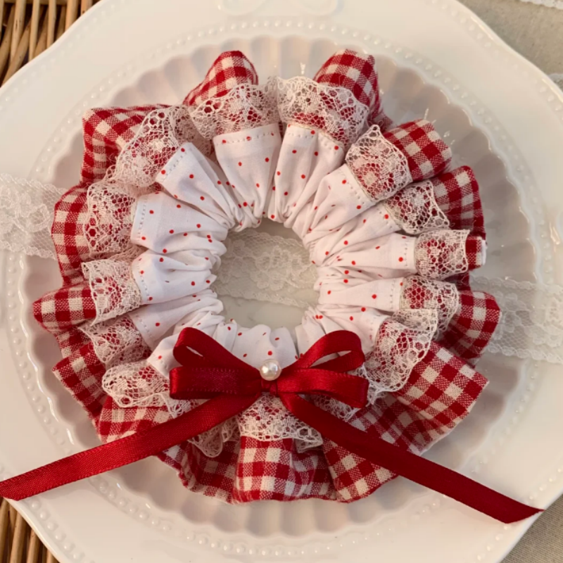 Red Gingham Lace Bow Scrunchie