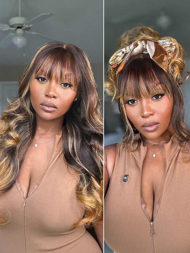 Comfort™ Wig 180% Density Ombre Blonde Highlight Loose Body Wave Glueless 7x6 Closure HD Lace Human Hair Wig with Bangs Pre-Cut Lace
