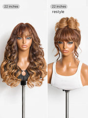 Comfort™ Wig 180% Density Ombre Blonde Highlight Loose Body Wave Glueless 7x6 Closure HD Lace Human Hair Wig with Bangs Pre-Cut Lace