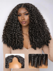 True Scalp V Part 180% Density Burmese Curly Finger Coil Ends Glueless Human Hair Wig with Flexi-Fit Drawstring