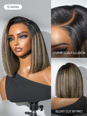 All-Day Comfort™ Wig Blonde Highlight Blunt Cut Bob Glueless Minimalist HD Lace Short Bob Wig Pre-Cut Lace
