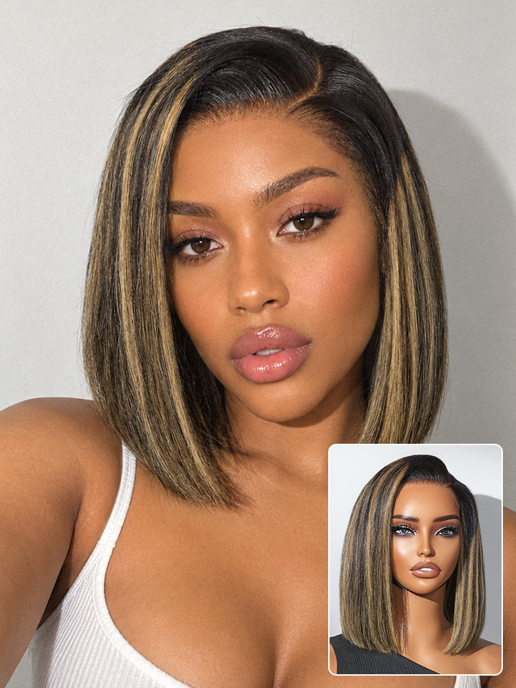 All-Day Comfort™ Wig Blonde Highlight Blunt Cut Bob Glueless Minimalist HD Lace Short Bob Wig Pre-Cut Lace