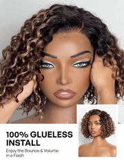 Ready to Go Blonde Highlight / Natural Black / Ombre Brown Water Wave Short Curly Bob Wig Glueless Minimalist HD Lace Wig Pre-Cut Lace