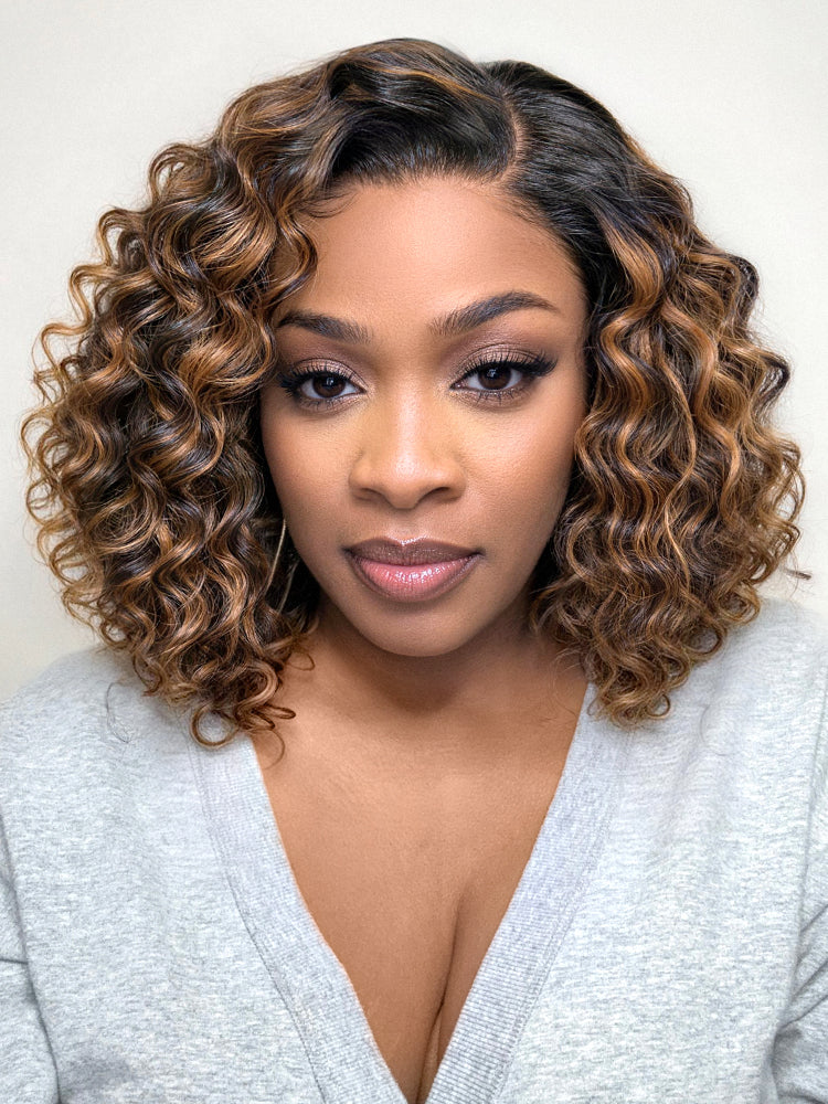 Brown Highlight Deep Wave Glueless Minimalist HD Lace Curly Wig Pre-Cut Lace
