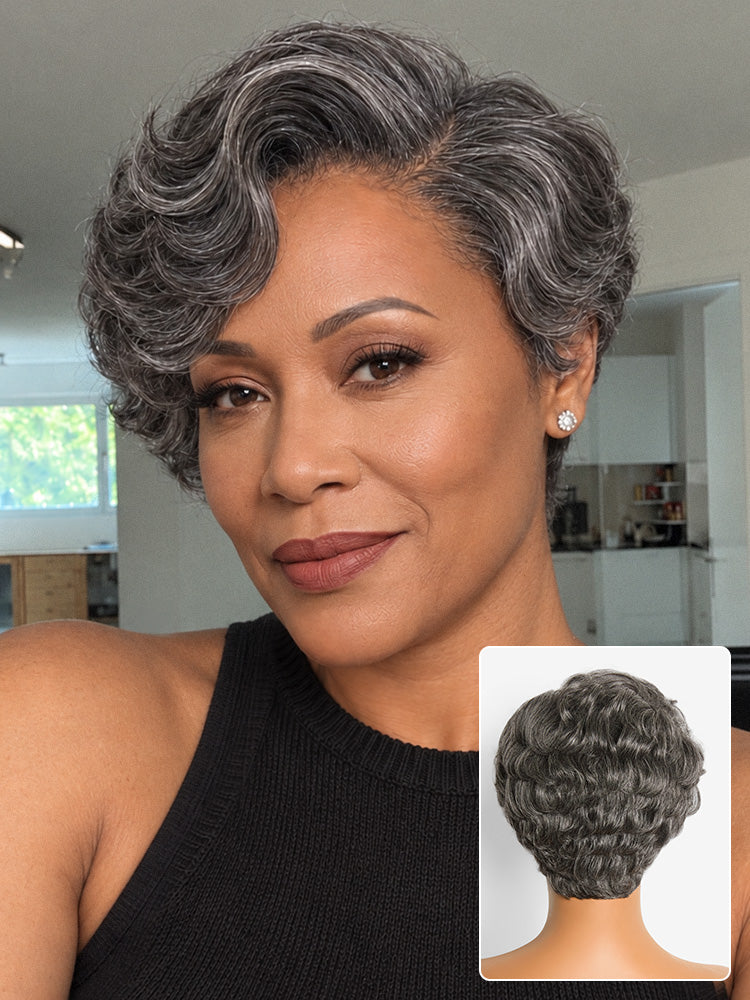 Salt and Pepper Gray Egg Curl Glueless Minimalist HD Lace Pixie Wig Pre-cut Lace