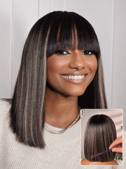 Put On and Go Blonde Highlight Yaki Straight Blunt Cut Bob Glueless Minimalist Lace Short Wig with Bangs