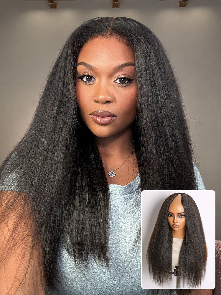 True Scalp Kinky Straight V Part Glueless Human Hair Wig Flexi-Fit Drawstring