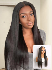 True Scalp Yaki Straight / Kinky Straight V Part Glueless Human Hair Wig Flexi-Fit Drawstring