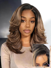 Caramel Brown Highlight Layered Haircut Wavy Glueless HD Minimalist Lace Wig Pre-Cut