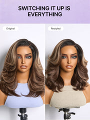 Caramel Brown Highlight Layered Haircut Wavy Glueless HD Minimalist Lace Wig Pre-Cut