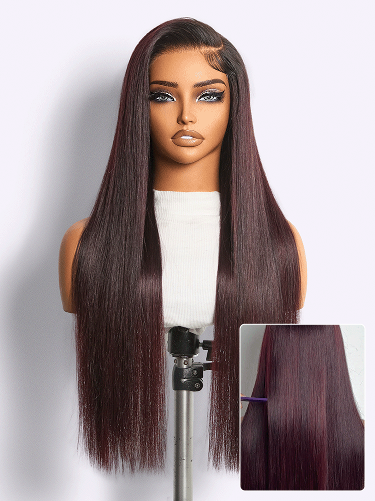 All-Day Comfort Wig 180% Density Rich Dark Plum Bone Straight with Baby Hair PartingMax Glueless 7x6 Closure HD Lace Wig Pre-Cut Lace