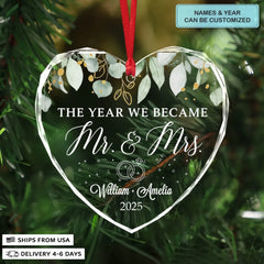 The Year We Became Mr & Mrs - Heart Glass Ornament - Christmas Gift For Couples, Newlywed, Wife, Husband