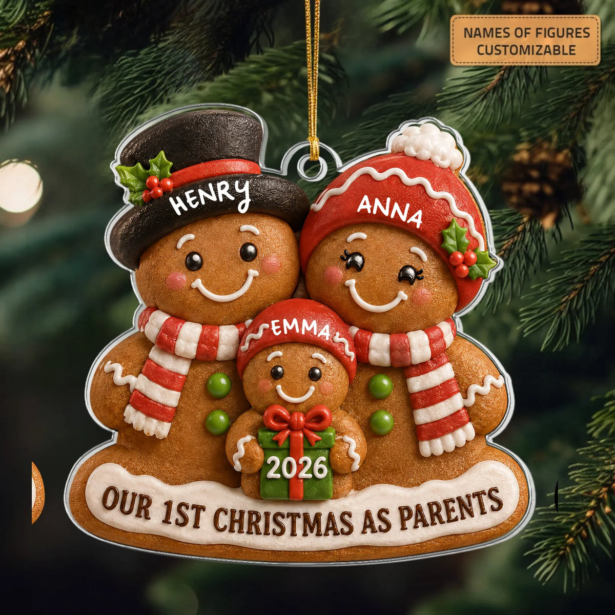 Gingerbread Family - Personalized Custom Shape Mica Ornament - Christmas Gift For Family