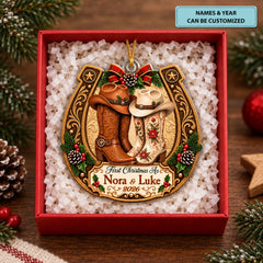 Western Love Christmas Horseshoe - Personalized Custom Shape Mica Ornament - Christmas Gift For Couple