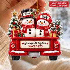 Christmas Snowman Couple - Personalized Custom Shape Mica Ornament - Christmas Gift For Family
