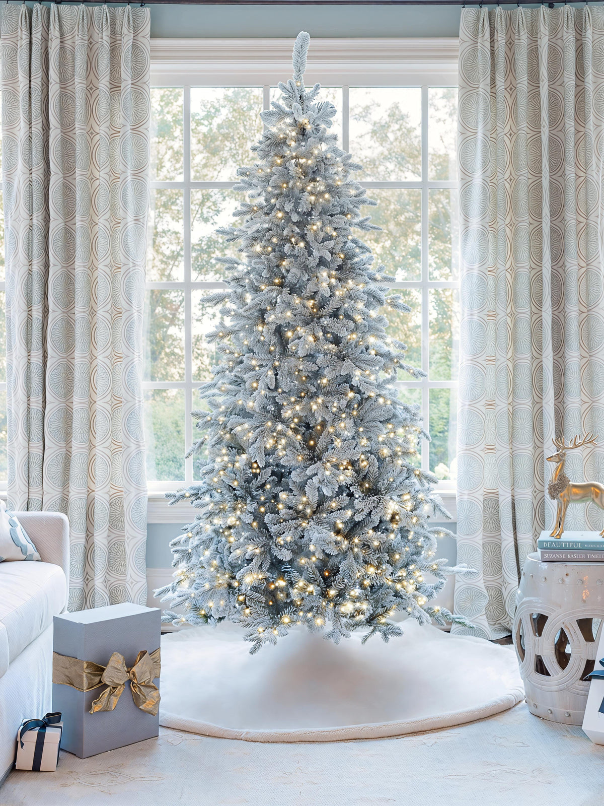 7.5' Queen Flock® Slim Artificial Christmas Tree With 1800 Lux LED Lights