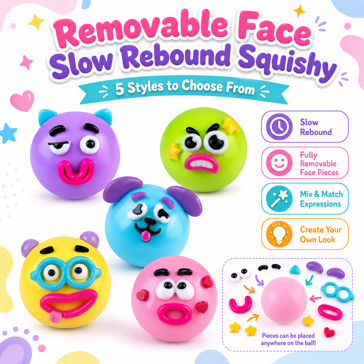 Smushers Funny Face Swap Squishy Stress Ball Removable Mix Match Features Kawaii Fidget Toy Party Favor