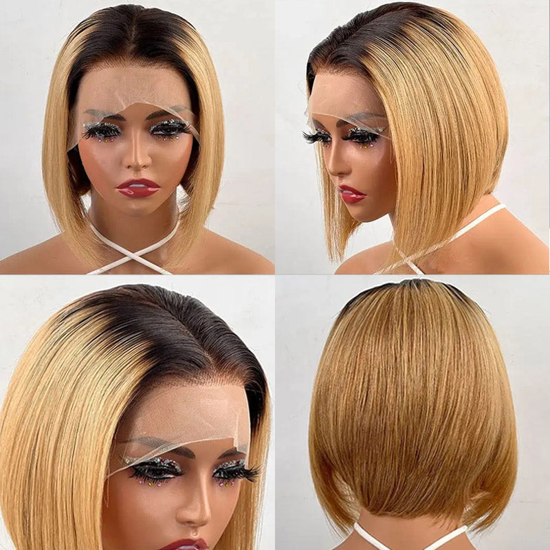 Short Straight Bob Wig T1B/27 Ombre Blonde 13x4 HD Transparent Lace Frontal Wig Brazilian Virgin Human Hair For Black Women