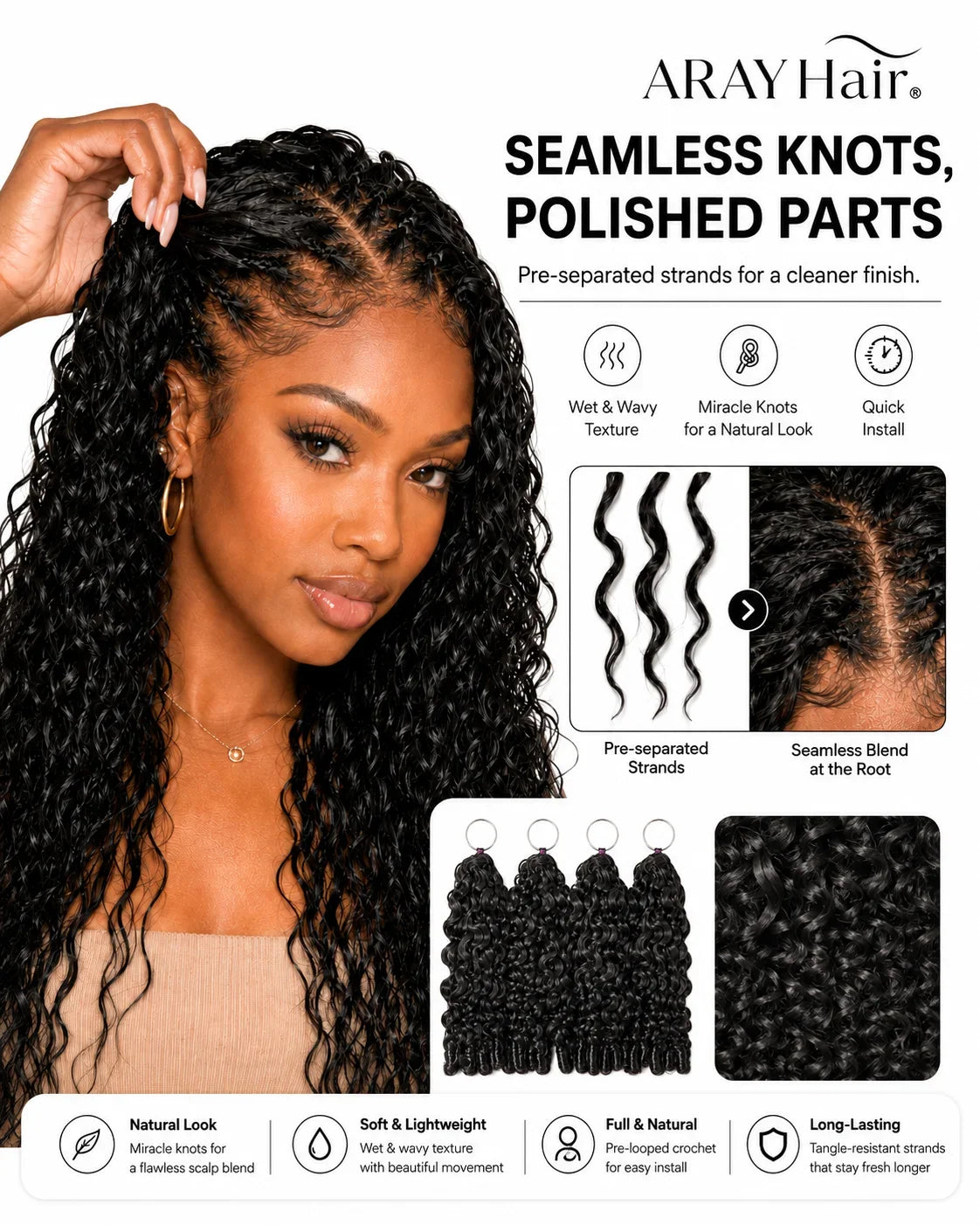 100% Human Hair Miracle Knot Water Wave Crochet Hair | Pre-Looped for Boho & Fulani Braids