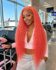 13x4 Coral Pink Water Wave Lace Front Wig – Glueless Human Hair Wig