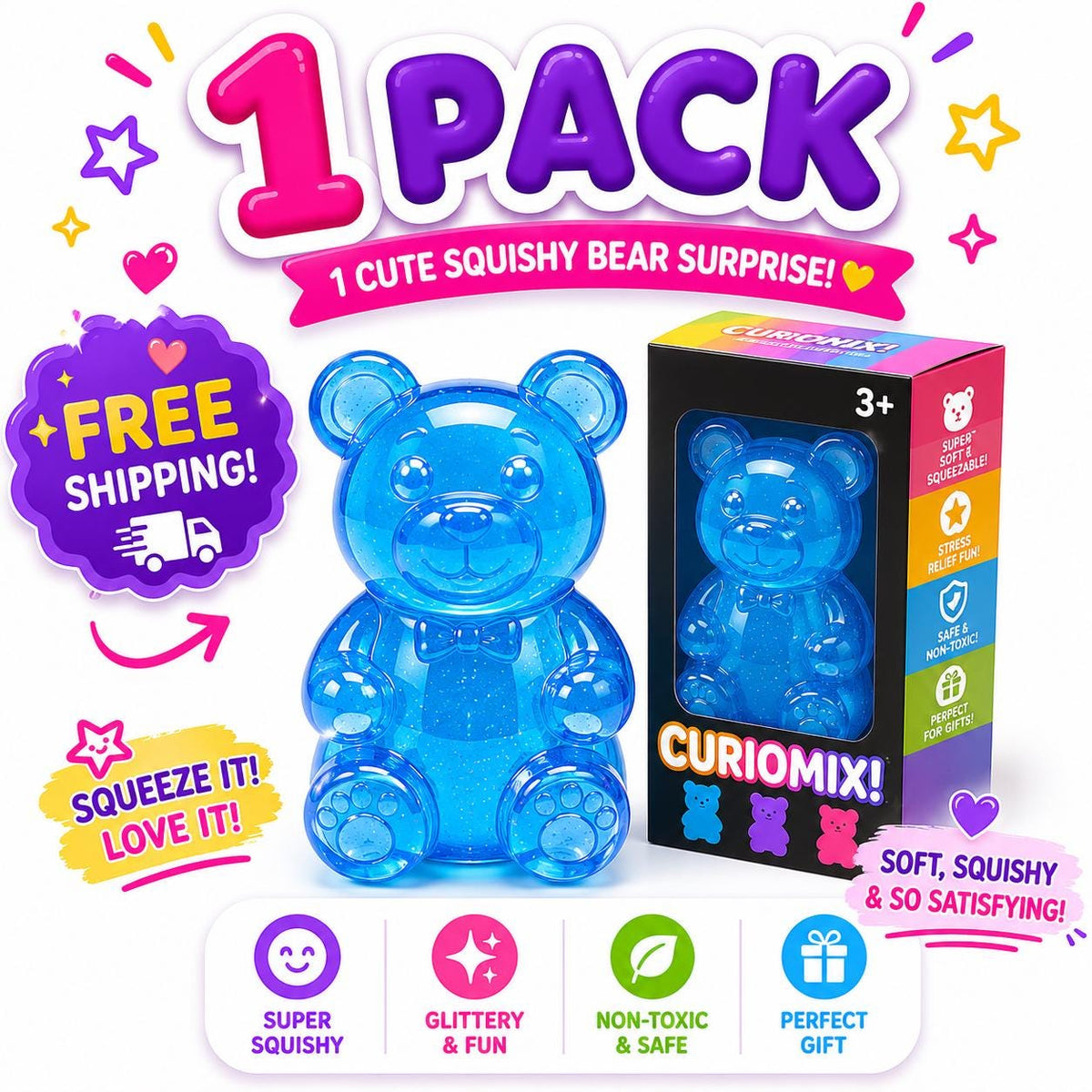 NeeDoh Soft Bear Squishy Kawaii Sensory Fidget Toy Stress Relief (Pink, Blue, Purple)