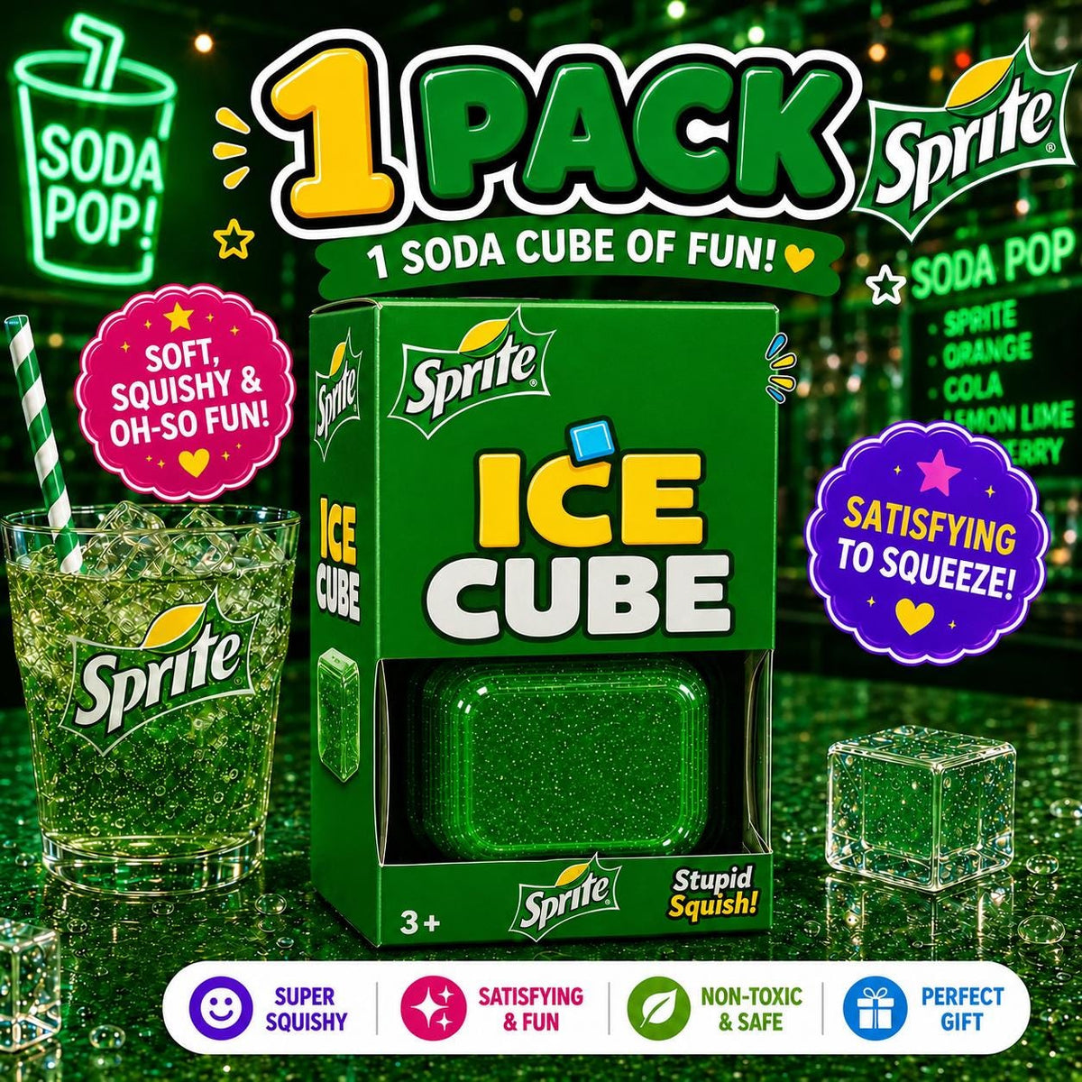 NeeDoh Nice Cube Sprite Soda Edition Squishy Fidget Stress Relief Toy Kids Gift