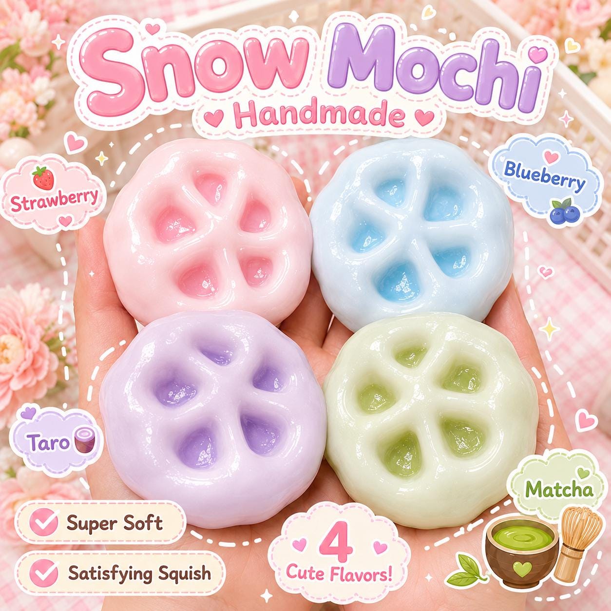 Handmade Snow Mochi Squishy Toy, Color Reveal Sensory Stress Ball, 4 Flavors